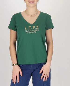 Les Tropeziennes CRYOSOL Corta Sleeve V-neck Maglietta Khaki | 973-MXUQYP